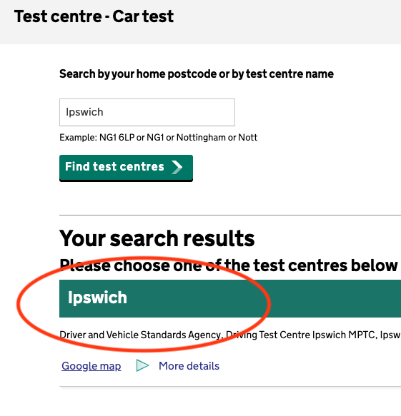 Test centre results