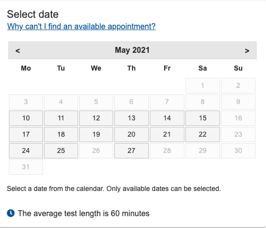 Select your preferred test date
